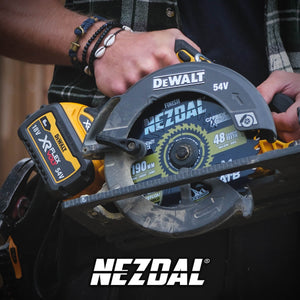 carpenter holding a dewalt circular saw in his hand