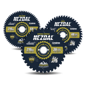 216mm Trio | 36, 48, 64 Tenner | Lynrask Kapping, Generell Bruk, Fin Snittkvalitet | Ultratynn skjærebredde | Perfekt for batterisag