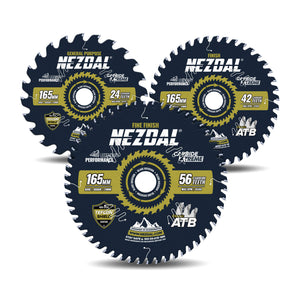 3 stk sagblad i 165mm. En med 24 tenner, en med 40 og en med 56 tenner