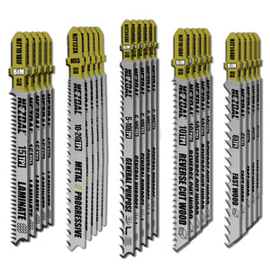 25 stk. førsteklasses stikksagblader for flere formål i tre på hvit bakgrunn