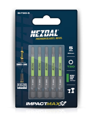 T20 | Bits | 60mm lengde | Fargekoder | God passform | Magnetisk | For Slagtrekker & Drill | 5 stk