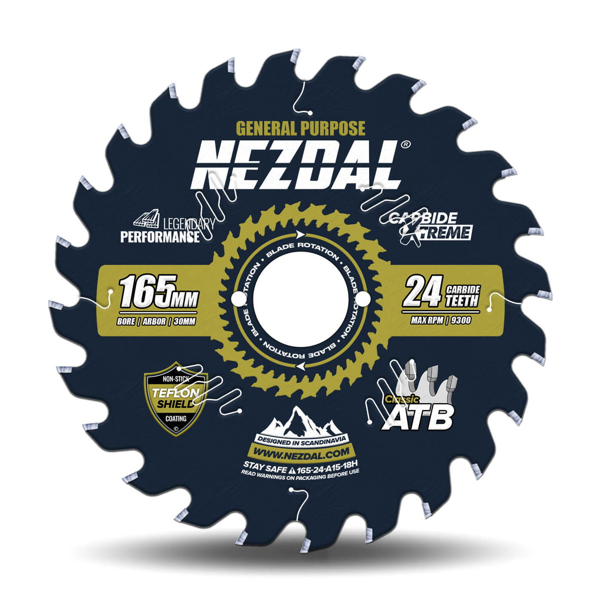 Premium 165mm sagblad med 24 tenner på hvit bakgrunn. Sagklingen har 30mm senterhull 