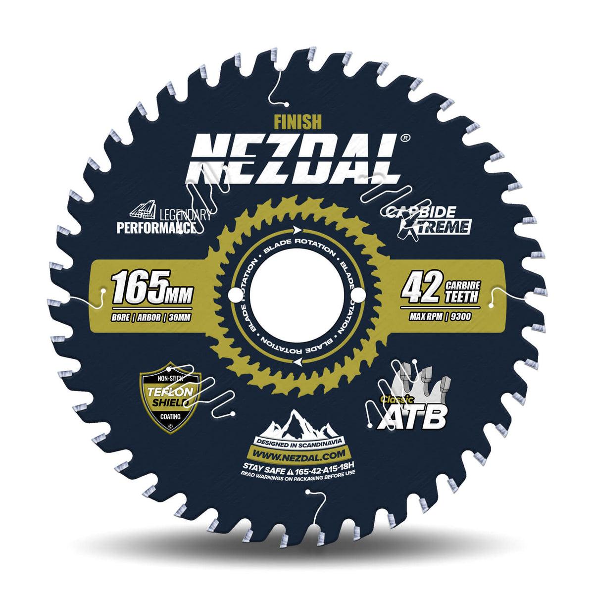 Premium 165mm sagklinge med 42 tenner på hvit bakgrunn. Sagklingen har 30mm senterhull 