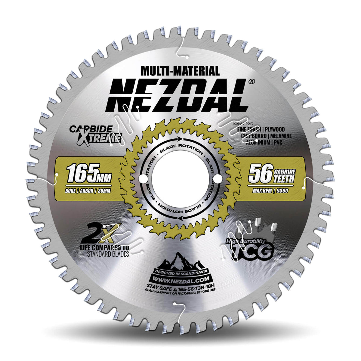 Premium 165mm sagklinge på hvit bakgrunn. Sagklingen har 30mm senterhull