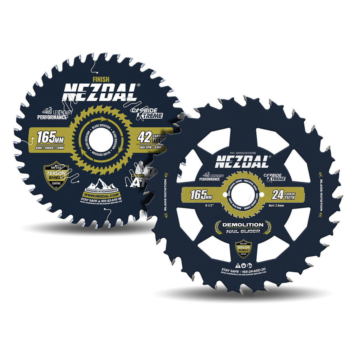 2 stk 165mm sirkelsagblad på hvit bakgrunn