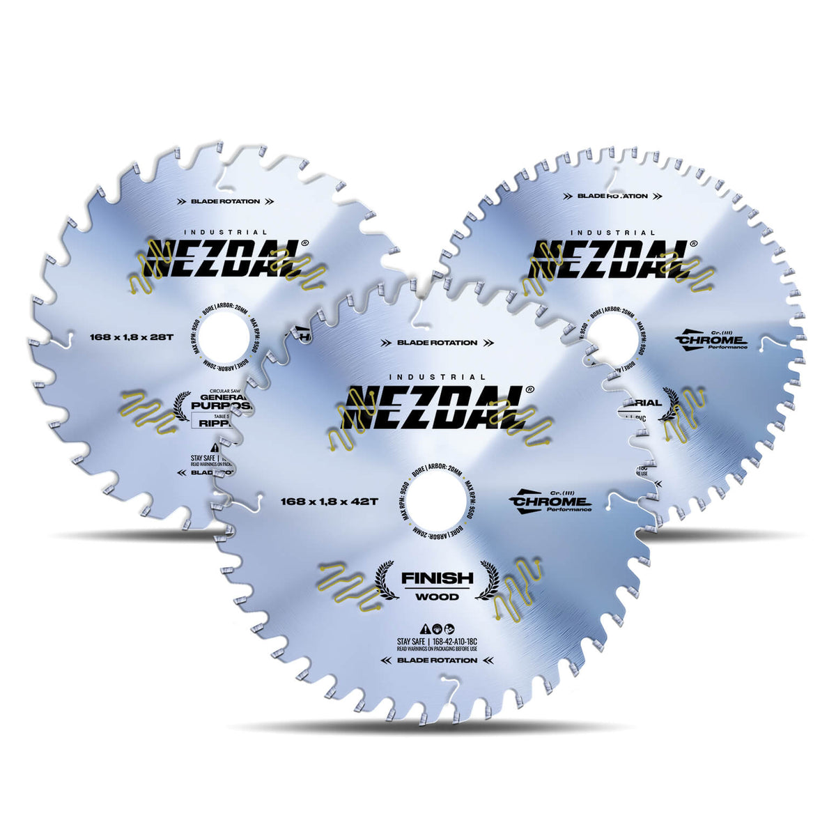 168mm Trio | 28, 42, 52 Tenner | Kløyving, Generell Bruk, Fin snittkvalitet, Multi-Material | Industriell kvalitet | Sagblad