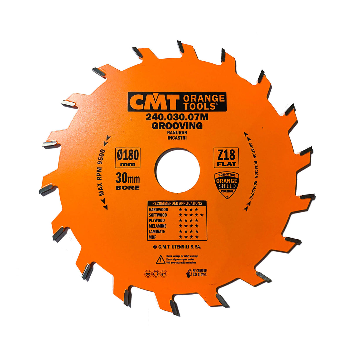 Sagblad i 180 mm med rette tenner for fresing av spor med flat bunn.