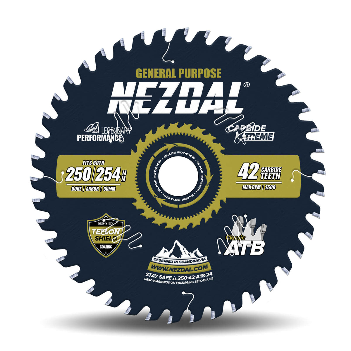 250/254mm Premium sagblad fra Nezdal®&amp;nbsp;med 42 tenner&amp;nbsp;for kløyving og kapping i mykt og hardt treverk, samt platematerialer.