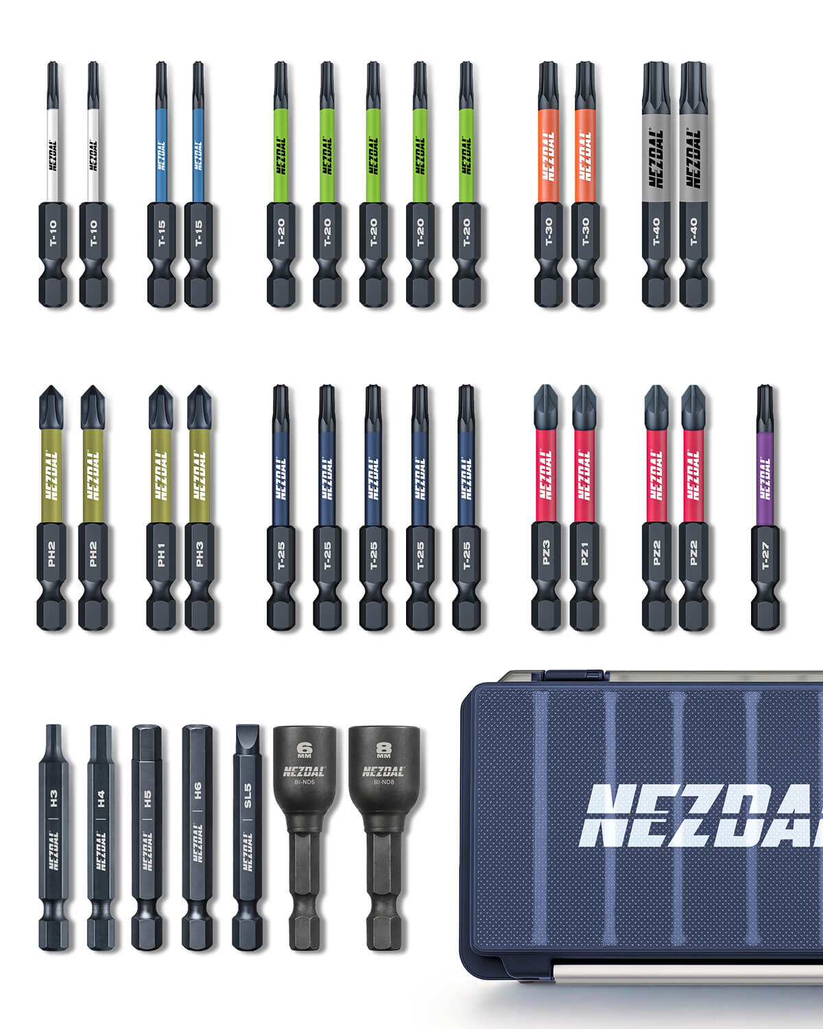 Allrounderen | 34 stk Bits + Oppbevaringsboks | 60mm lengde | Fargekoder | God passform | For Slagtrekker &amp; Drill