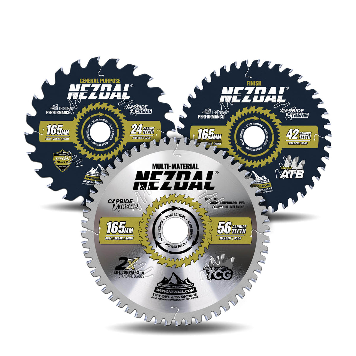 3 stk sagblad i 165mm. En med 24 tenner, en med 40 og en med 56 tenner