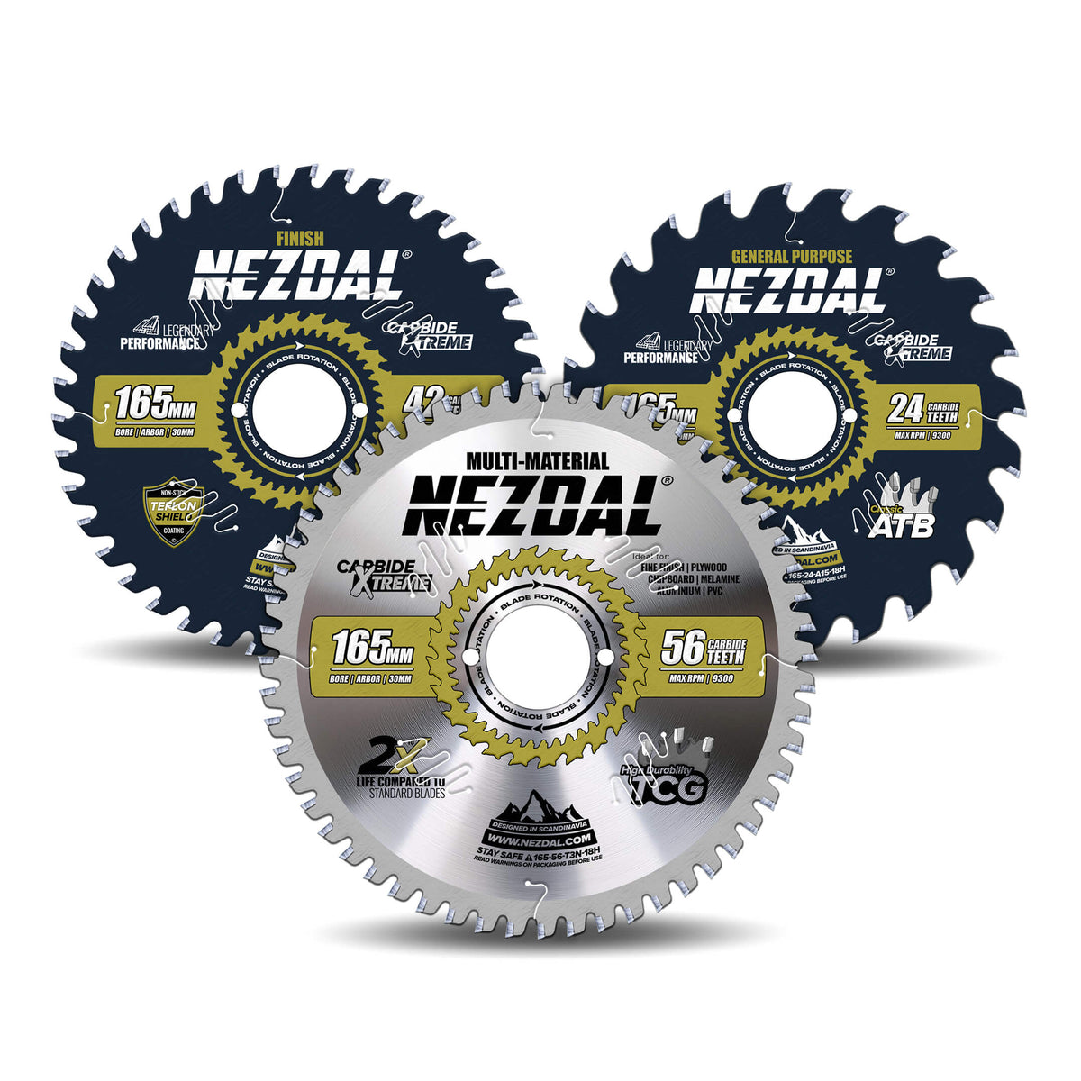 3 stk premium sagklinger på hvit bakgrunn som dekker et bredt spekter av materialer og bruksområder