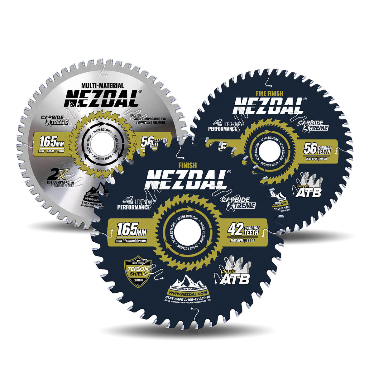3 stk 165mm sagblad på hvit bakgrunn