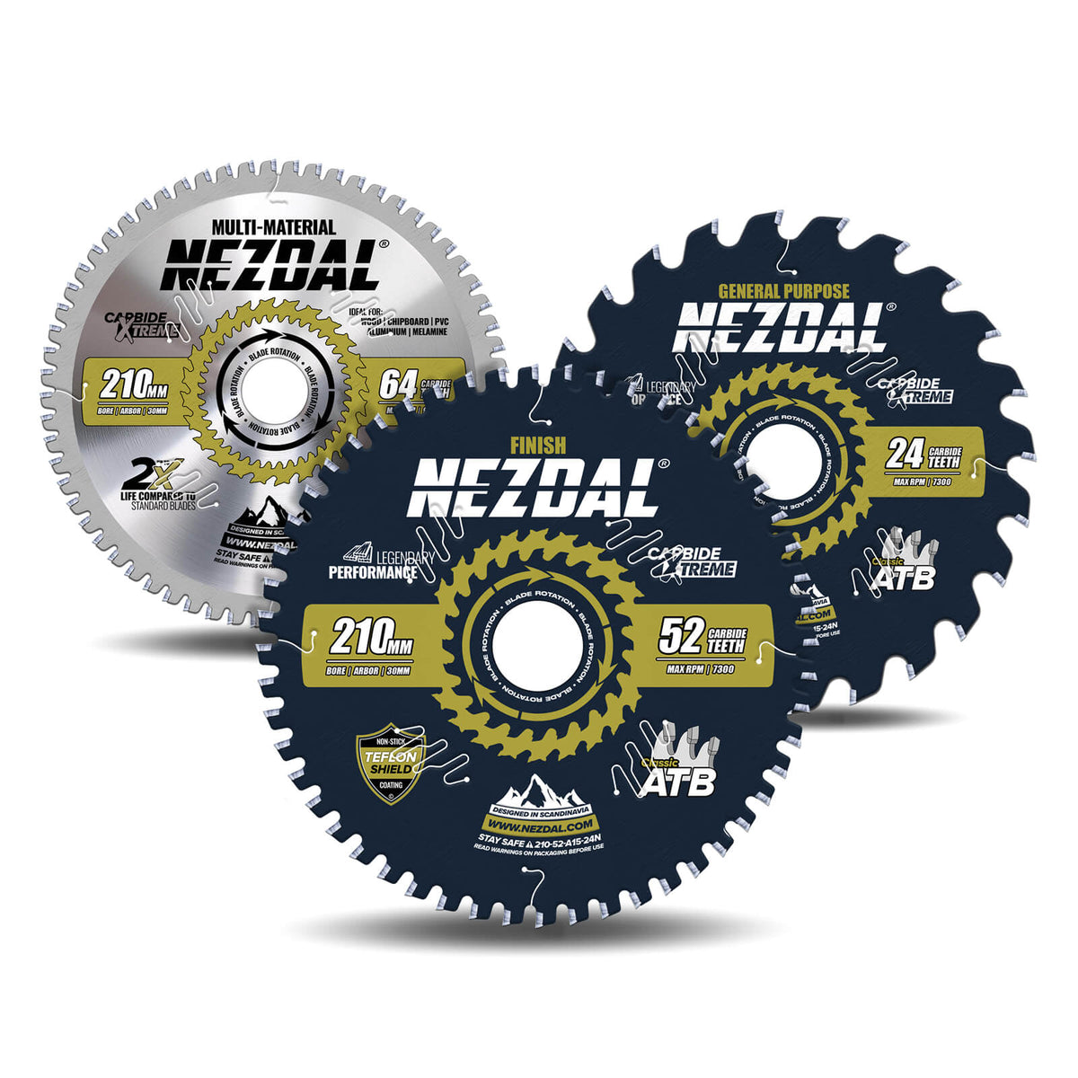 3 stk premium sagblader i 210mm på hvit bakgrunn