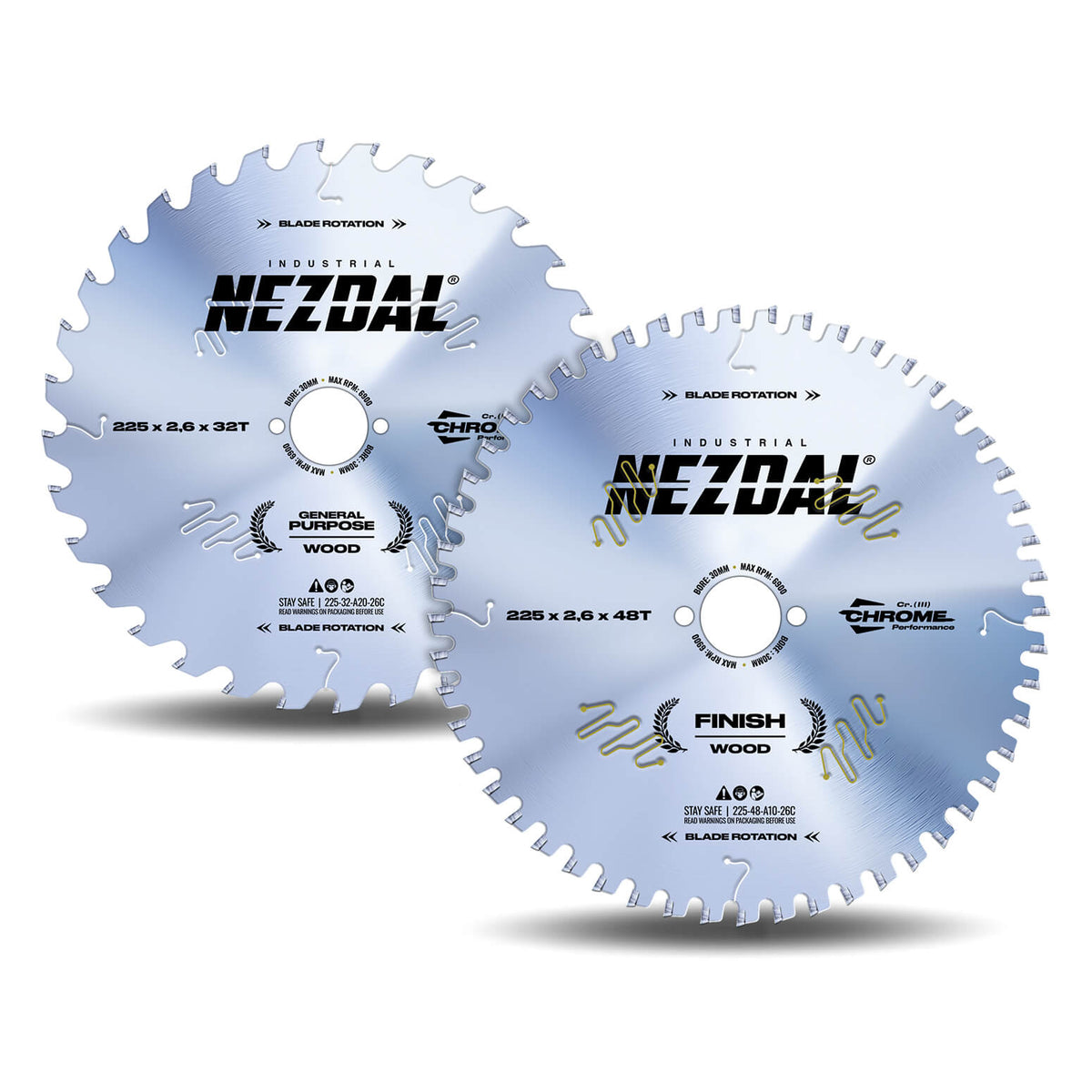 2 stk premium sagklinger på hvit bakgrunn som dekker de vanligste bruksområdene for bordsagen.