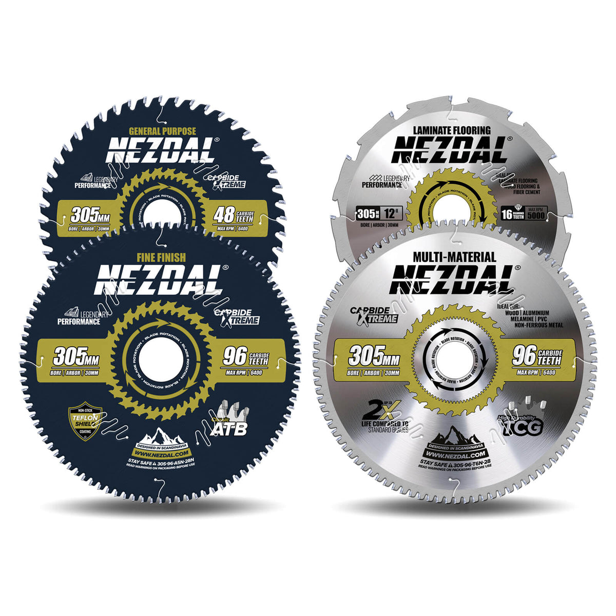 4 stk premium sagblad for 305mm kapp/gjærsag på hvit bakgrunn
