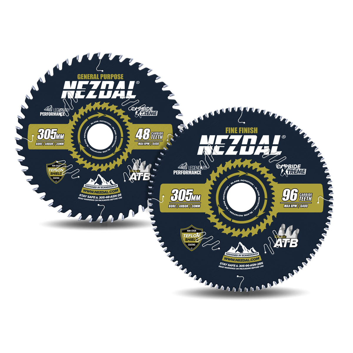 To stykk 305mm sagblad. 1 stk lynrask allrounder, og 1 stk Finish-blad for flisefrie snitt.