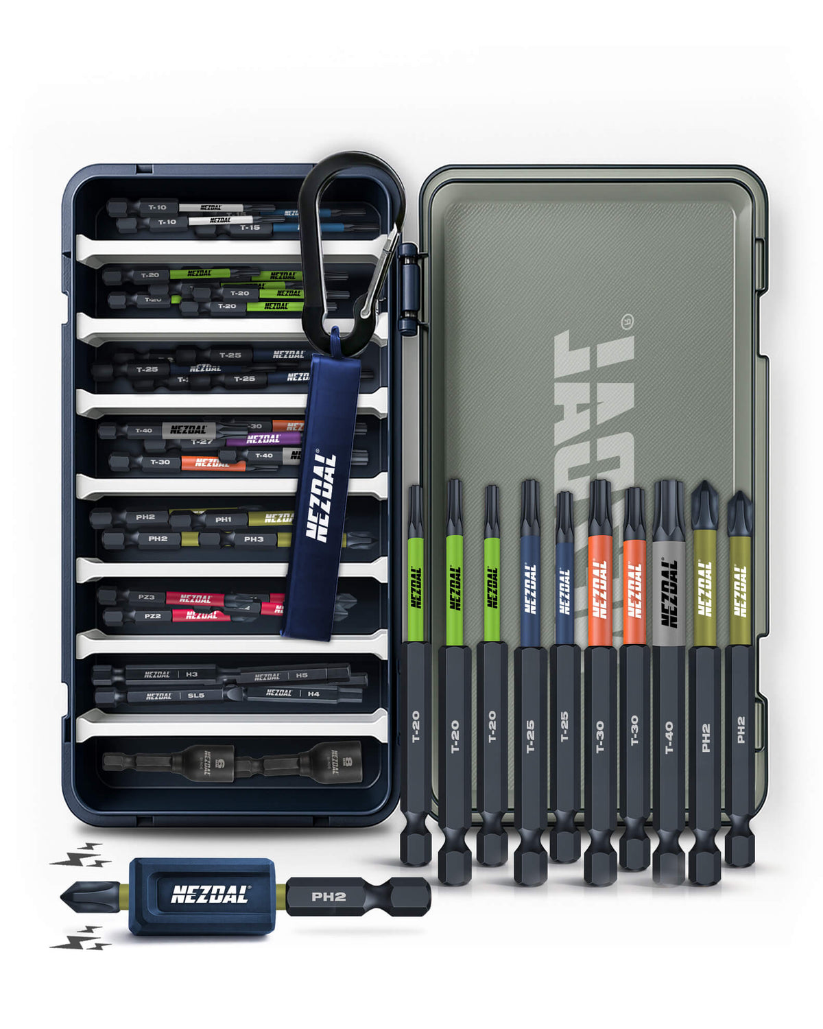 Allrounderen XL | 44 stk Bits + Magnetizer + Karabinholder + Oppbevaringsboks | 60 & 90mm lengde | Fargekoder | For Slagtrekker & Drill
