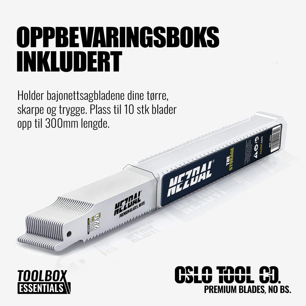 Informasjon over inkluderende boks som passer 10 stk bajonettsagblader opp til 300mm