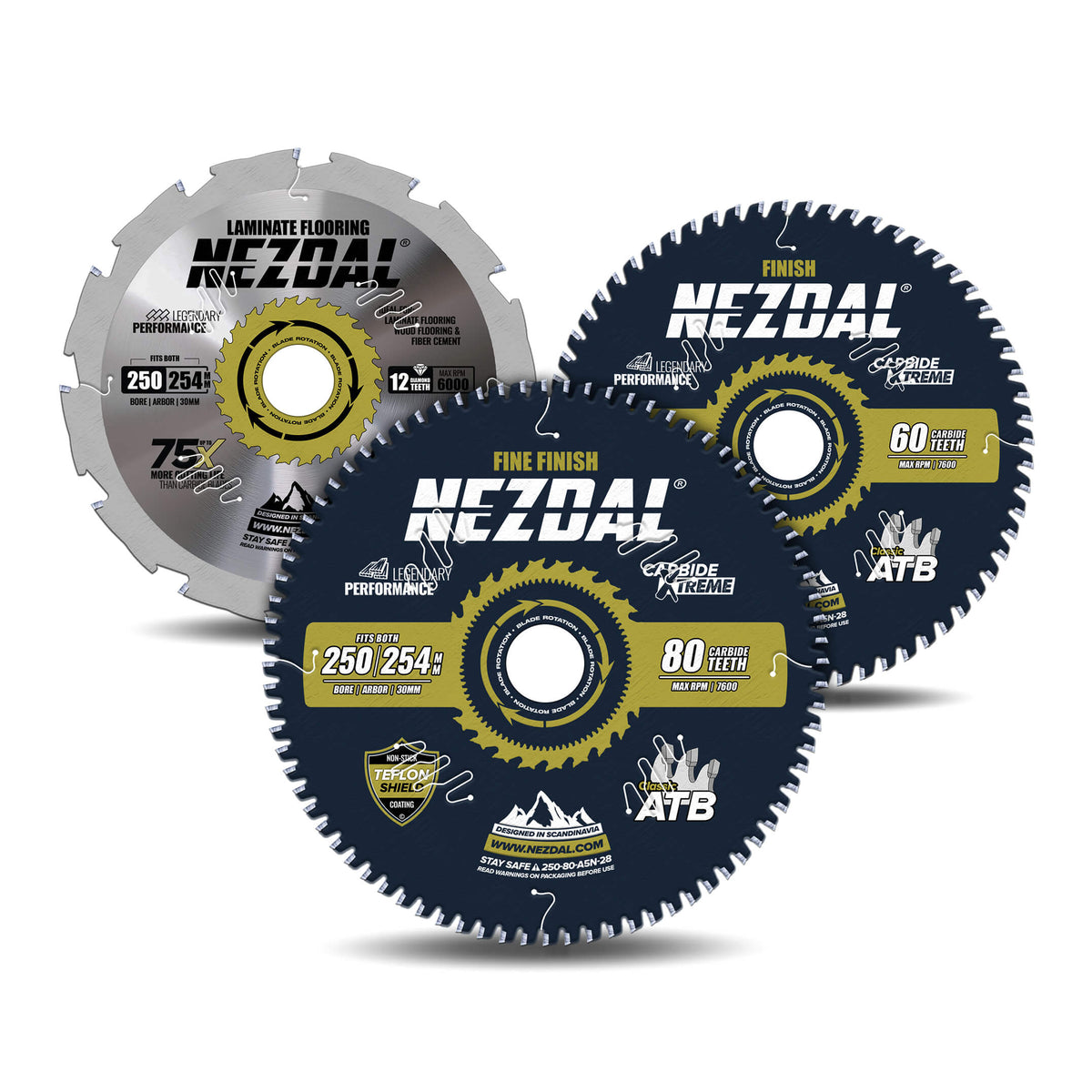 250/254mm Trio | 60, 80, 12 Tenner | Allround/finish, Superfin snittkvalitet, Laminatgulv | Kapp/gjærsag