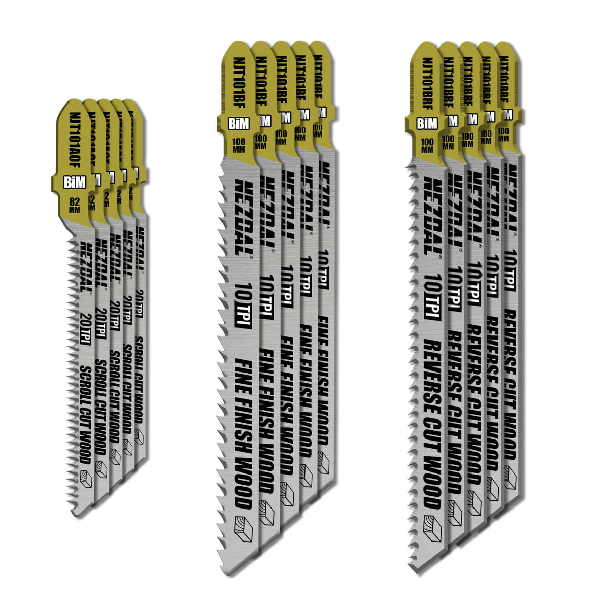 15 stk. førsteklasses stikksagblader for overflatebehandling i tre på hvit bakgrunn