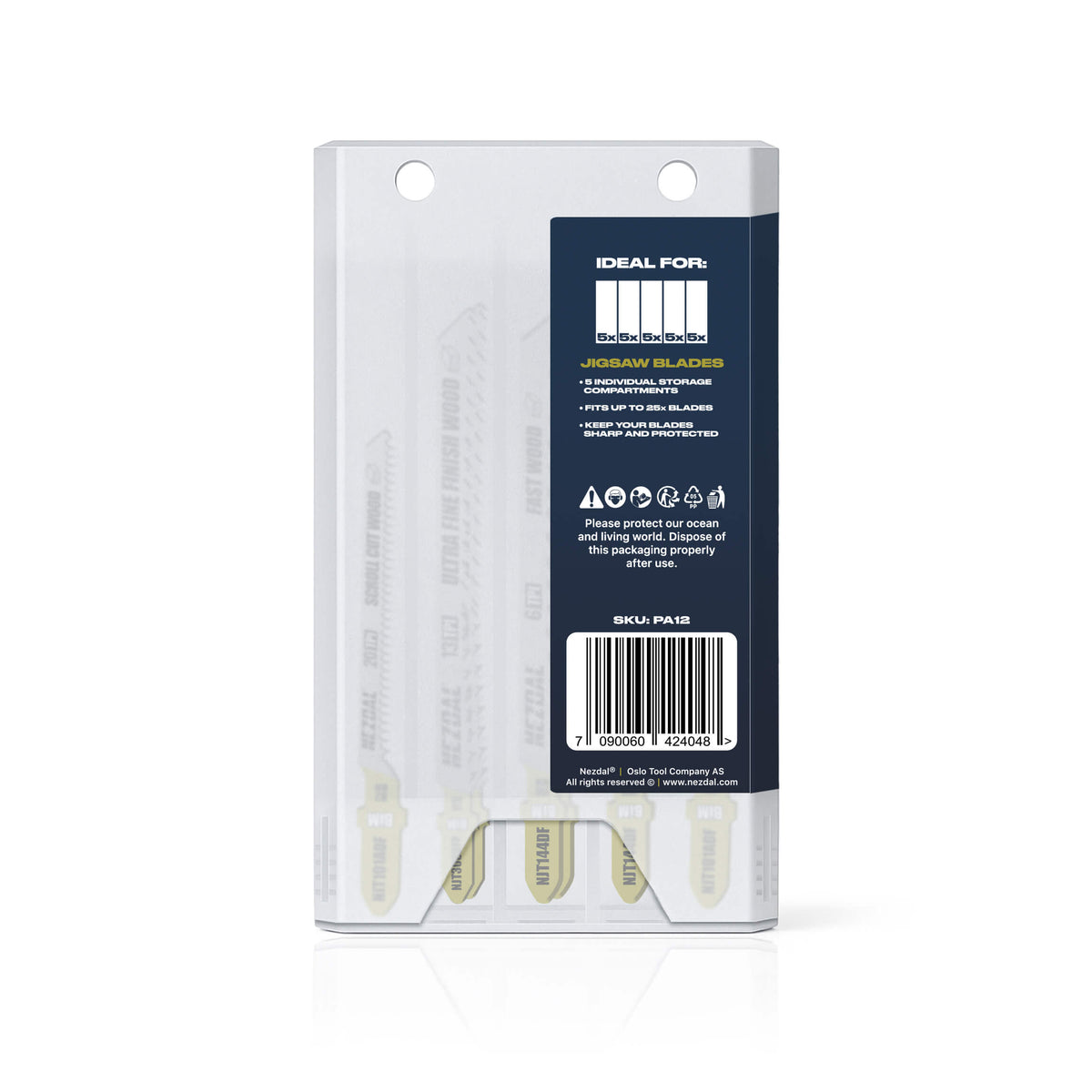 Oppbevaringsboks | Stikksagblader | 5 separate rom  | 25 - 40 blader per boks | Passer perfekt i lomma