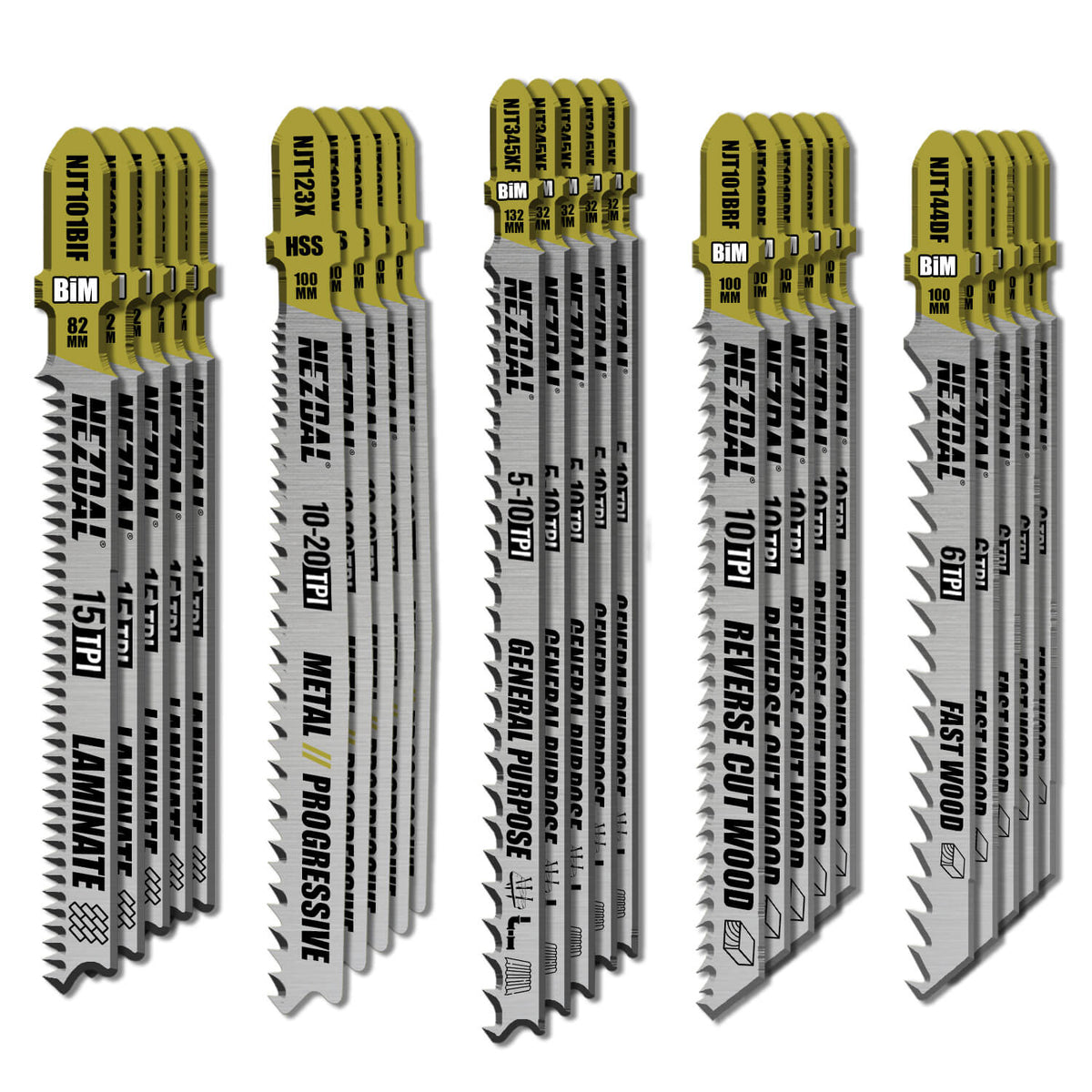 25 stk. førsteklasses stikksagblader for flere formål i tre på hvit bakgrunn