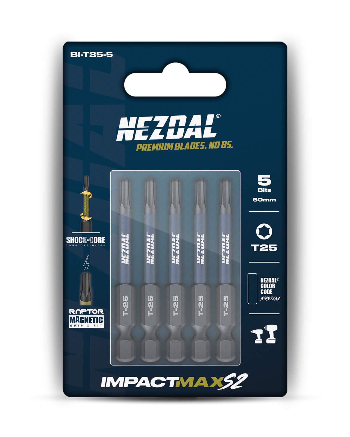 T25 | Bits | 60mm lengde | Fargekoder | God passform | Magnetisk | For Slagtrekker &amp; Drill | 5 stk