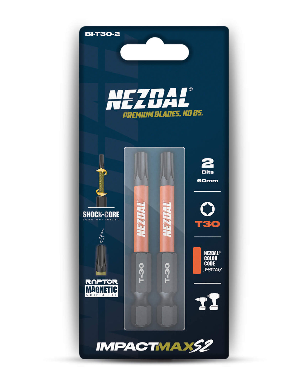 T30 | Bits | 60mm lengde | Fargekoder | God passform | Magnetisk | For Slagtrekker &amp; Drill | 2 stk