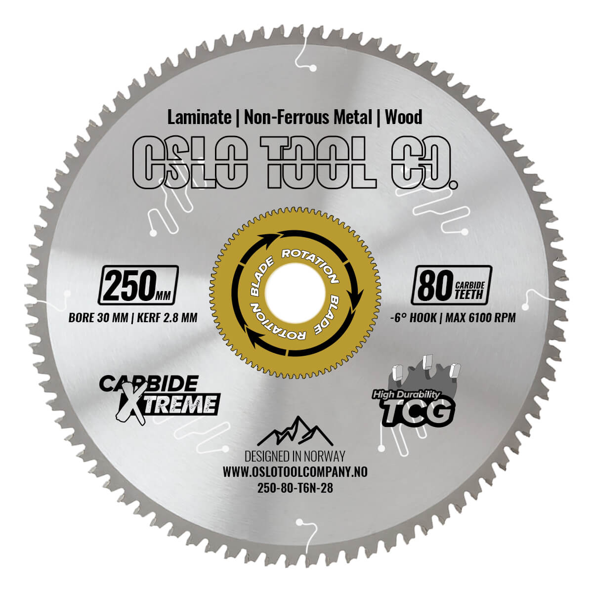 Sagblad i 250mm med 80 TCG tenner for laminat, aluminium og harde treslag